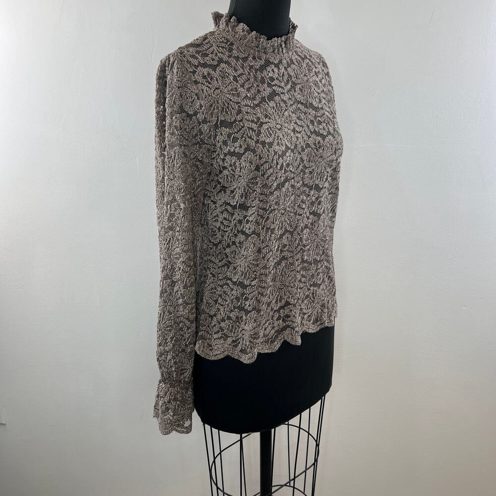 Eri+Ali Brown Blouse Floral Lace Cropped Mock Neck Keyhole Formal Size Small S - Picture 4 of 6